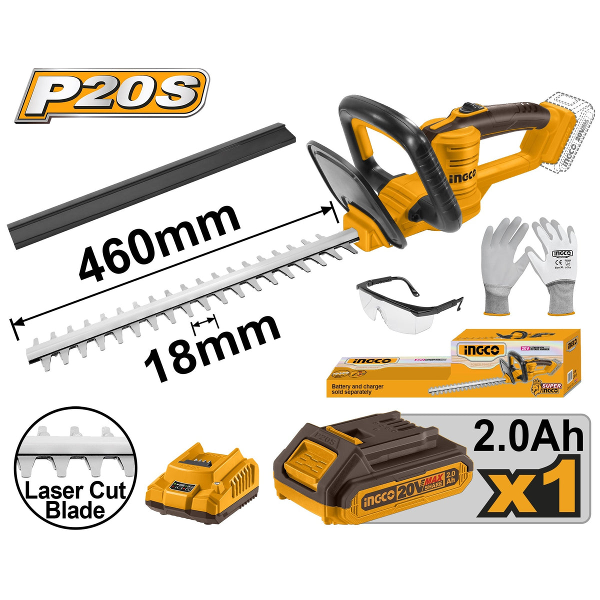 INGCO 20V HEDGE TRIMMER 450MM 1X2.0AH & CHARGER CHTLI20461