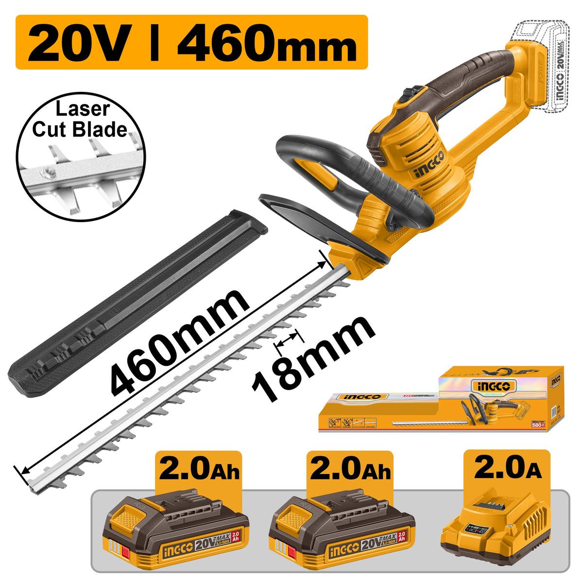 INGCO CHTLI20462 20V HEDGE TRIMMER 460MM 2X2.0AH+CHARGER Main image