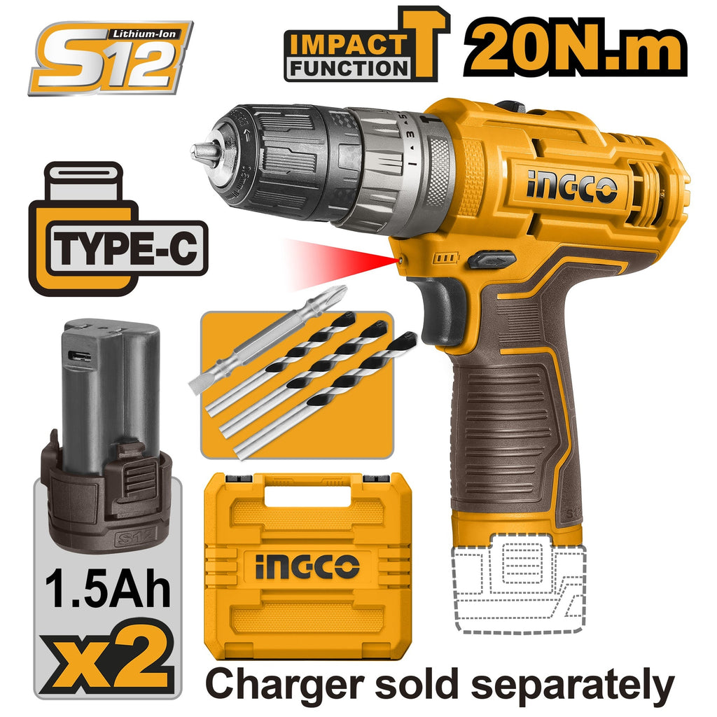 INGCO 12V 2X1.5AH LI-ION IMPACT DRILL (NO USB CHARGER) CIDLI12202