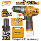 INGCO 12V 2X1.5AH LI-ION IMPACT DRILL (NO USB CHARGER) CIDLI12202