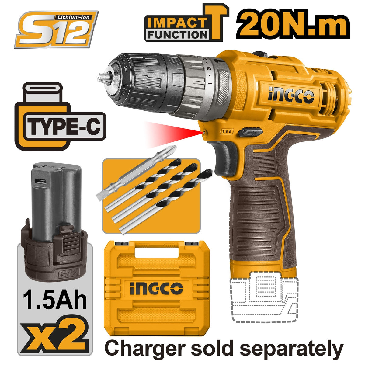 INGCO 12V 2X1.5AH LI-ION IMPACT DRILL (NO USB CHARGER) CIDLI12202