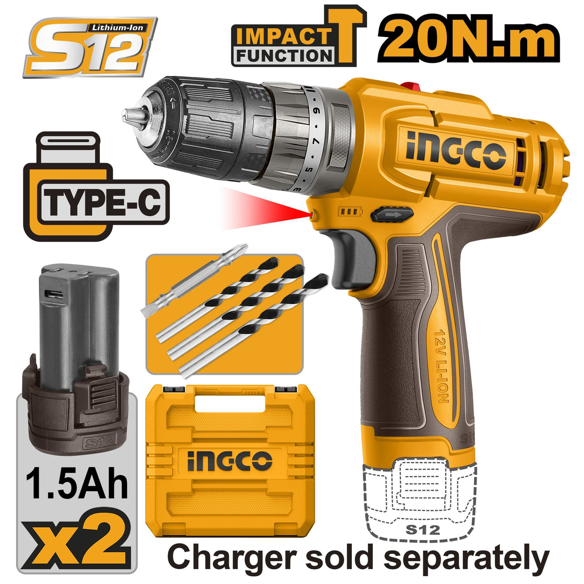 INGCO 12V 20NM IMPACT DRILL 2X12V 1.5AH BATT (NO USB CHARGER) CIDLI12206 Main image
