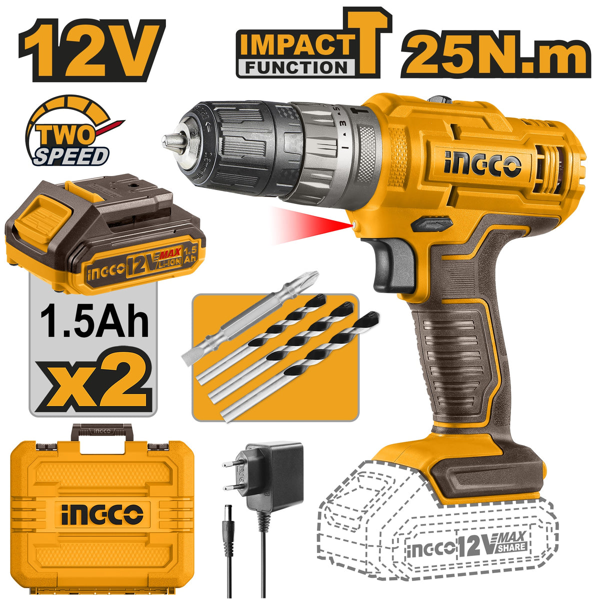 INGCO 12V LI-ION IMPACT DRILL 25NM WITH 2X 1.5AH, CHARGER & CASE CIDLI1228 Main image