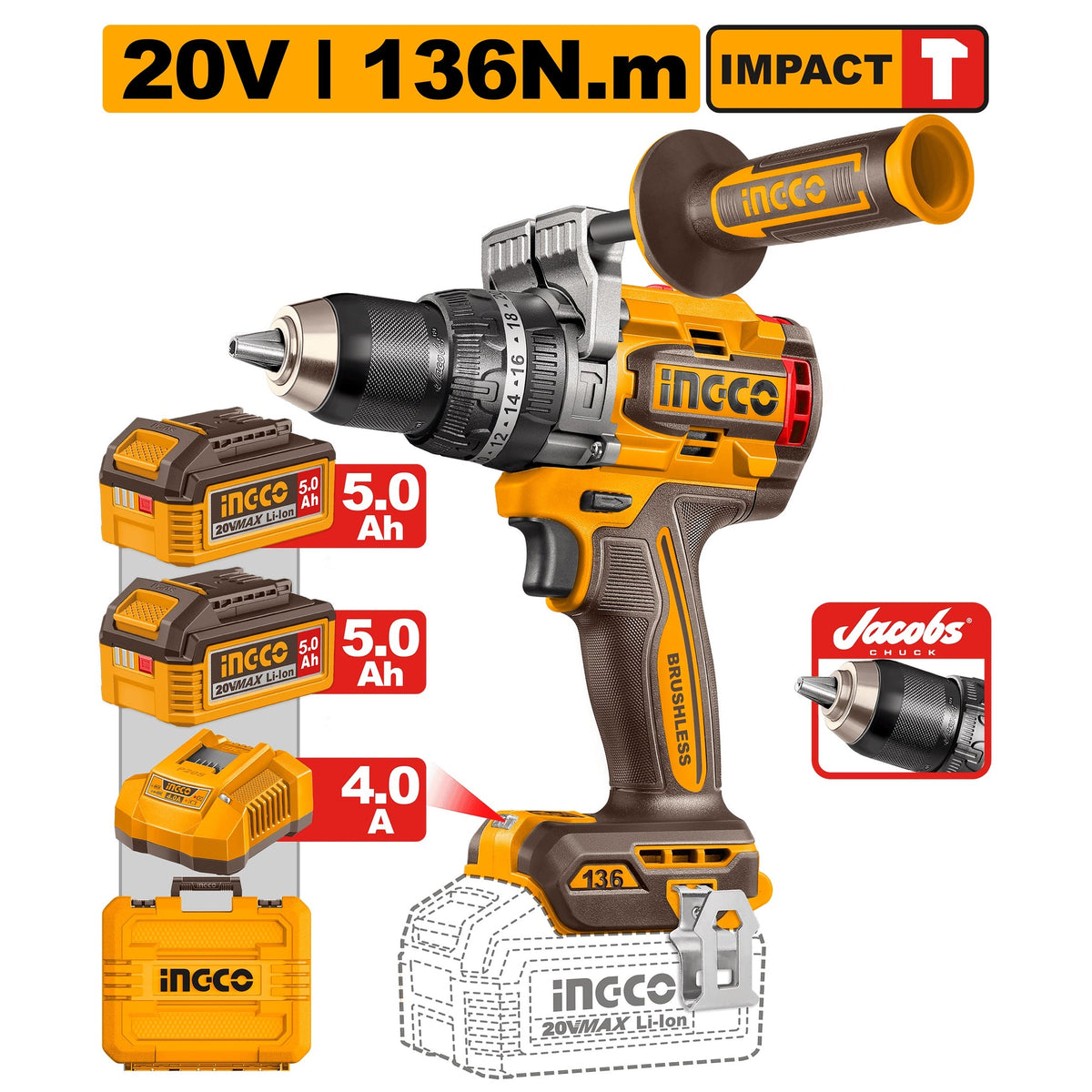 INGCO 20V 136NM BL HIGH TORQUE IMPACT DRILL 2X5.0 + BITS & CASE CIDLI201368 Main image