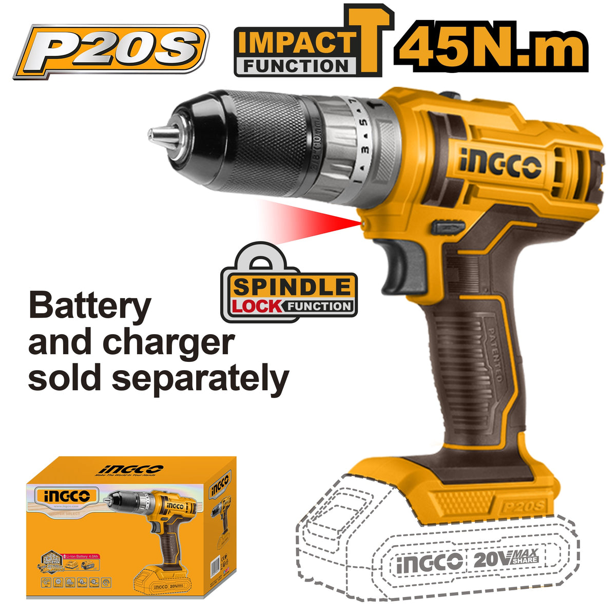 INGCO 20V LI-ION IMPACT DRILL 45NM CIDLI201455 (BARE UNIT) Main image