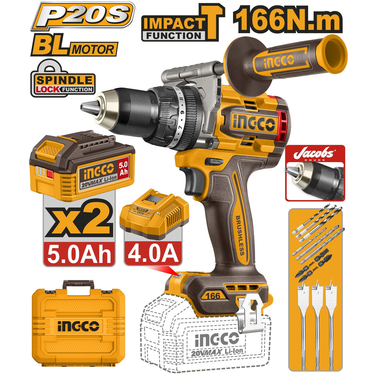 INGCO 20V BL HEAVY DUTY IMPACT DRILL 166NM 2X5 AH + BITS & CASE CIDLI201668 Main image