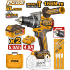 INGCO 20V BL HEAVY DUTY IMPACT DRILL 166NM 2X5 AH + BITS & CASE CIDLI201668