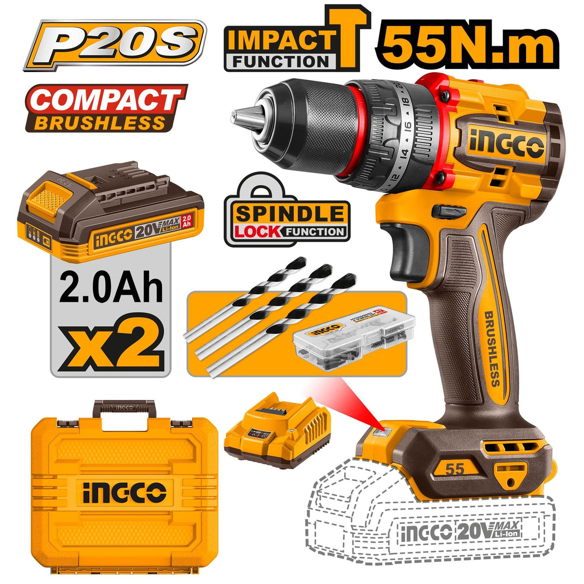 INGCO 20V LI-ION BL IMPACT DRILL 55NM W/2X 2.0AH, CHARGER +CASE CIDLI20558 Main image