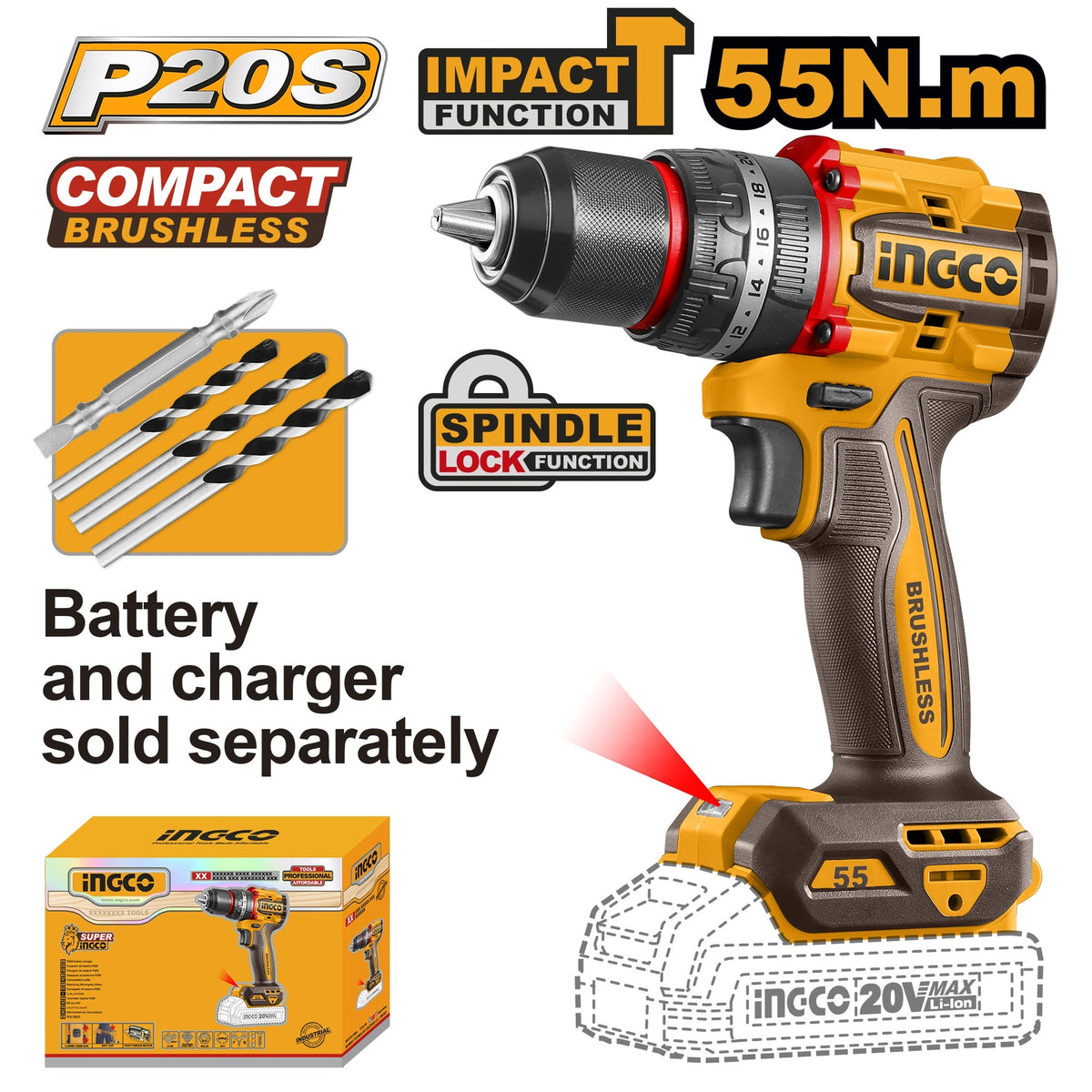 INGCO 20V LI-ION BL IMPACT DRILL 55NM CIDLI205581 (BARE UNIT) Main image