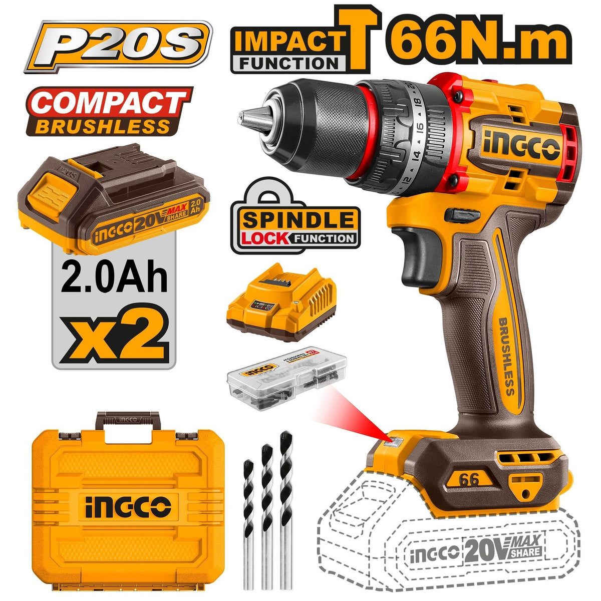 INGCO 20V 2X 2.0AH LI-ION BRUSHLESS IMPACT DRILL CIDLI20668 Main image