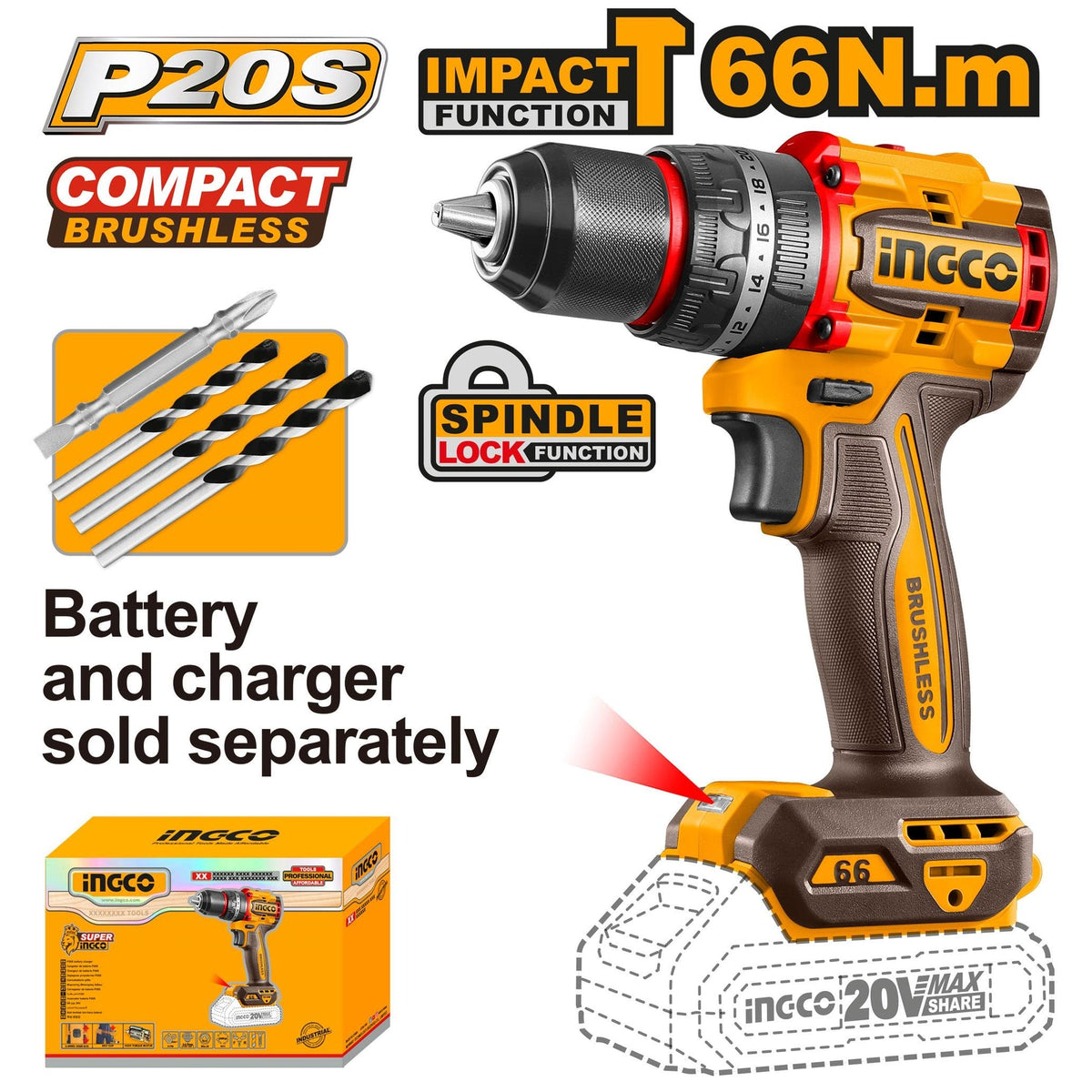 INGCO 20V LI-ION BL IMPACT DRILL 66NM CIDLI206681 (BARE UNIT) Main image