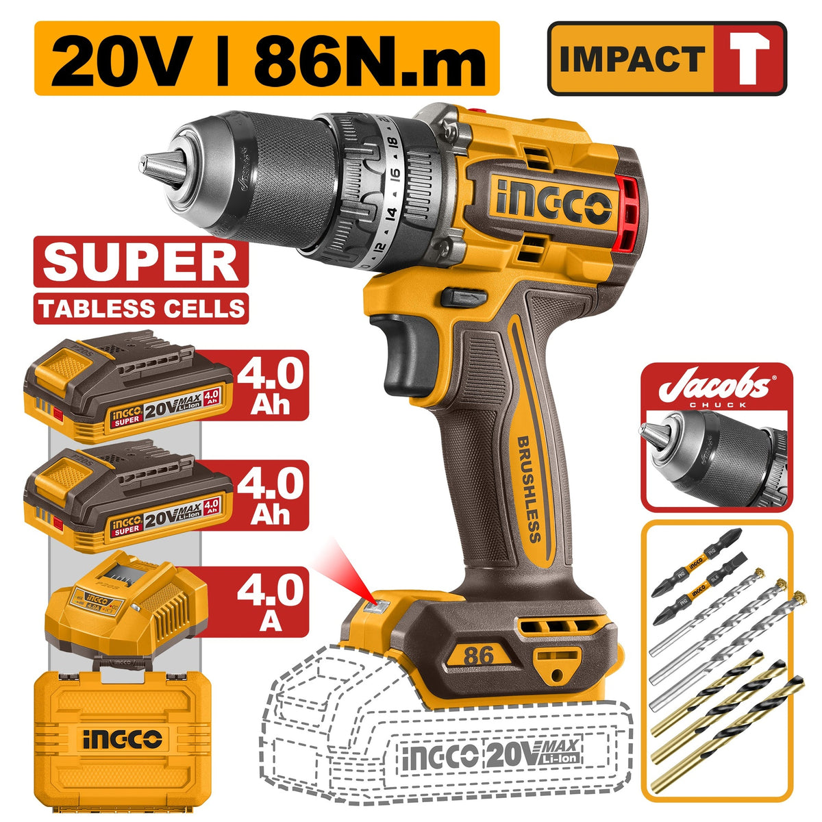 INGCO 20V BL IMPACT DRILL 86NM W/2X4.0 "TABLESS"+CHARGER+CASE CIDLI208686 Main image