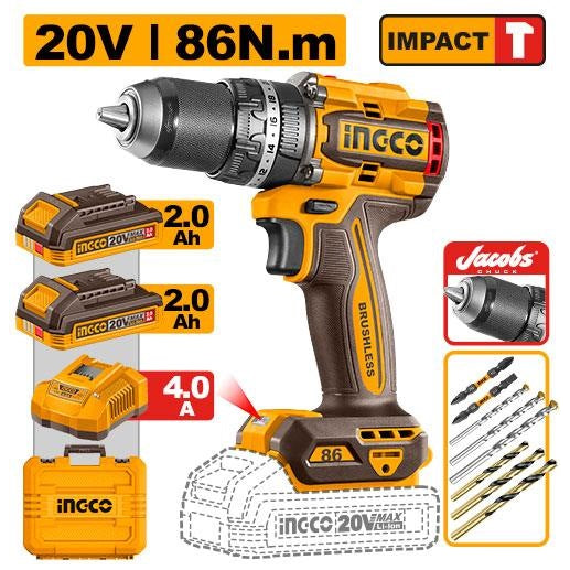 INGCO 20V BL IMPACT DRILL 86NM JACOB CHUCK,2X2.0 CHARGER+CASE CIDLI208688