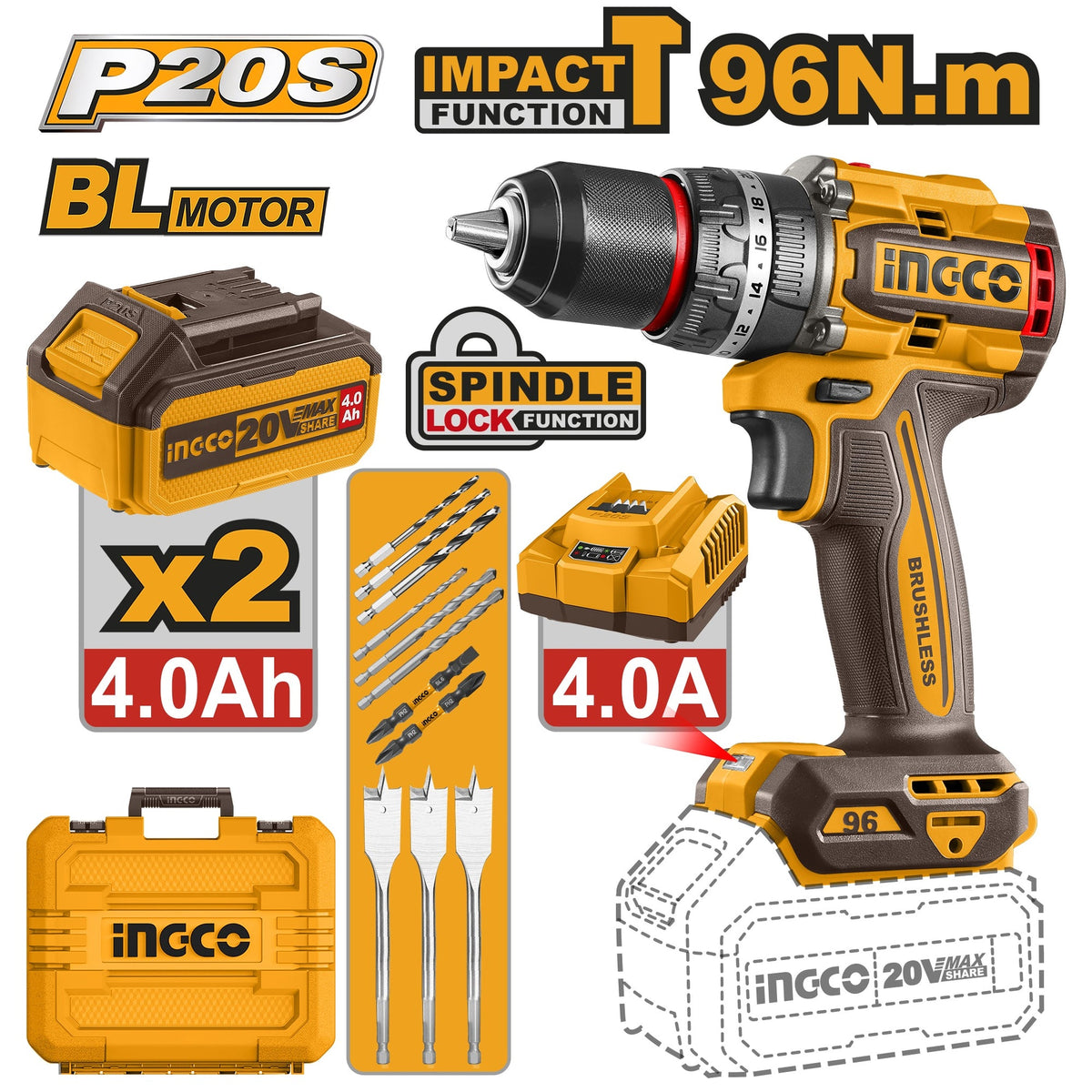 INGCO 20V LI-ION BL IMPACT DRILL 96NM W/2X 4.0AH CHARGER + CASE CIDLI20968 Main image