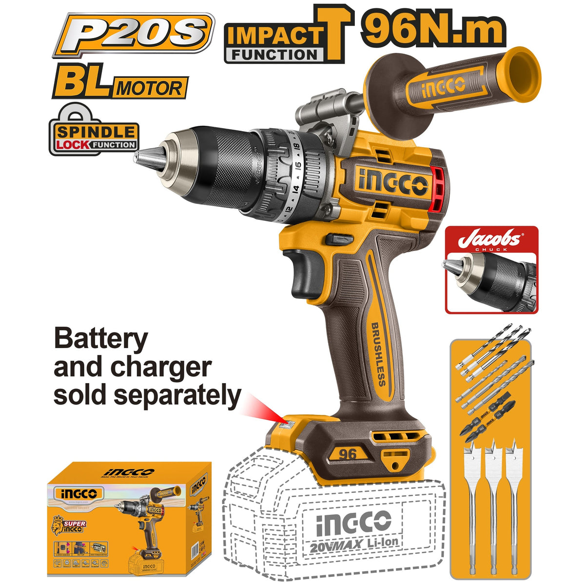 INGCO 20V LI-ION BL IMPACT DRILL 96NM CIDLI209685 (BARE UNIT) Main image