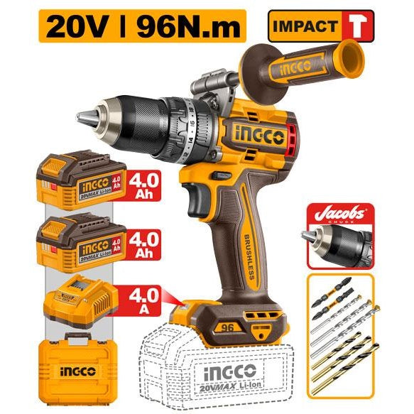 INGCO 20V BL 96NM IMPACT DRILL JACOB CHUCK 2X4.0AH+CASE CIDLI209688