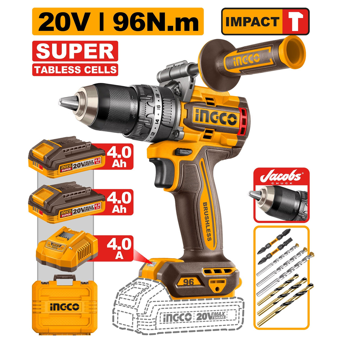 INGCO 20V BL 96NM IMPACT DRILL JACOB CHUCK 2X4.0AH TABLESS+CASE CIDLI209689