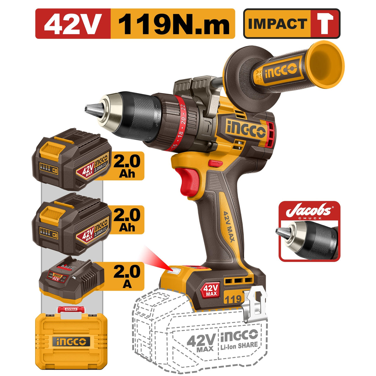 INGCO 42V BL 119NM HIGH TORQUE IMPACT DRILL 2X2.0AH & CASE CIDLI4211982