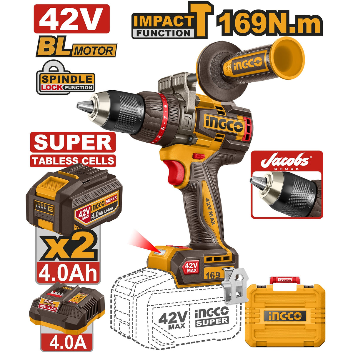 INGCO 42V BL 169NM HIGH TORQUE IMPACT DRILL 2X4.0AH & CASE CIDLI4216982 Main image