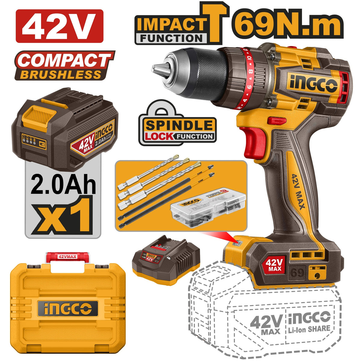 INGCO 42V BL COMPACT IMPACT DRILL 69NM 1X2.0AH & CASE CIDLI426981 Main image