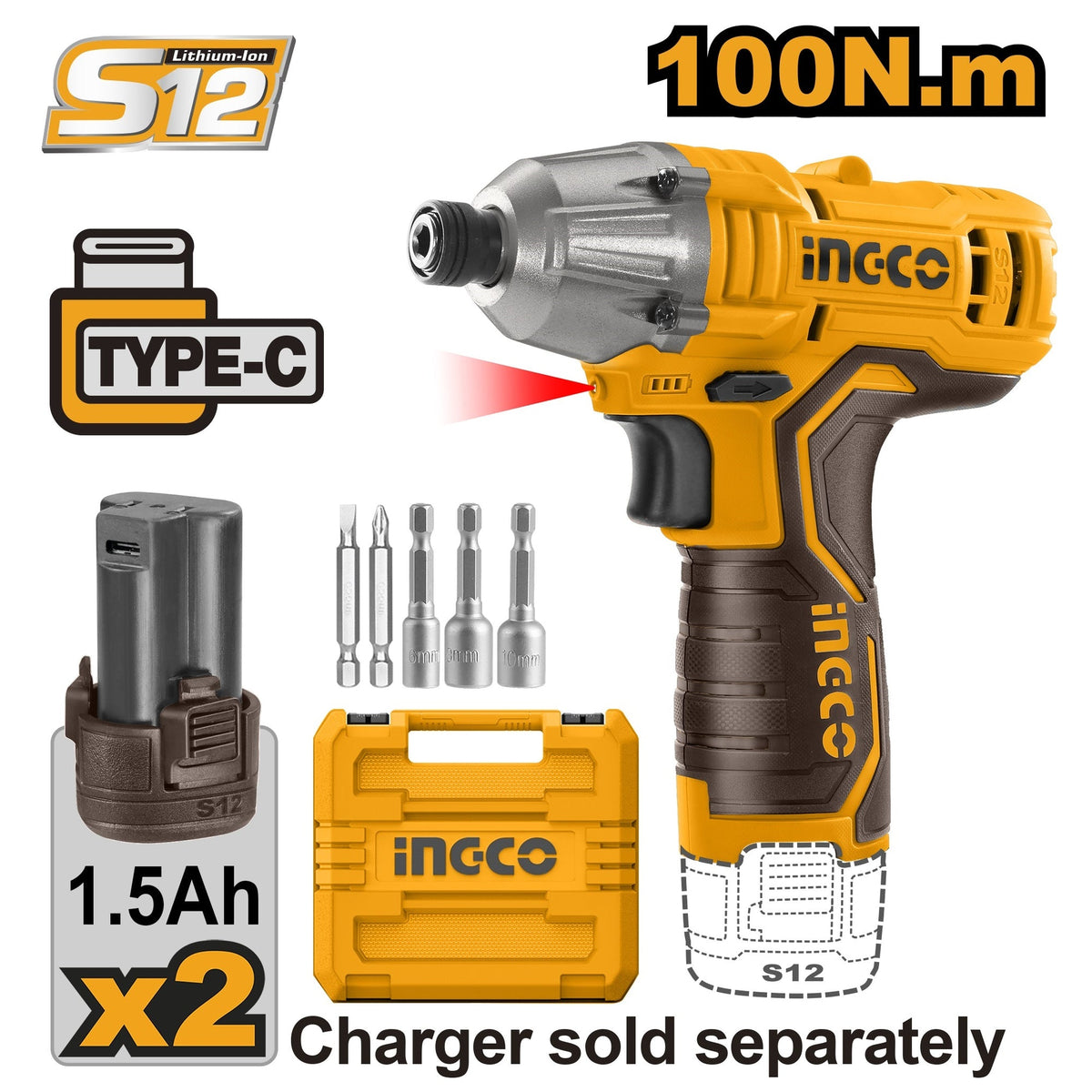 INGCO 12V 2X1.5AH LI-ION IMPACT DRIVER 100NM (NO USB CHARGER) CIRLI12015 Main image