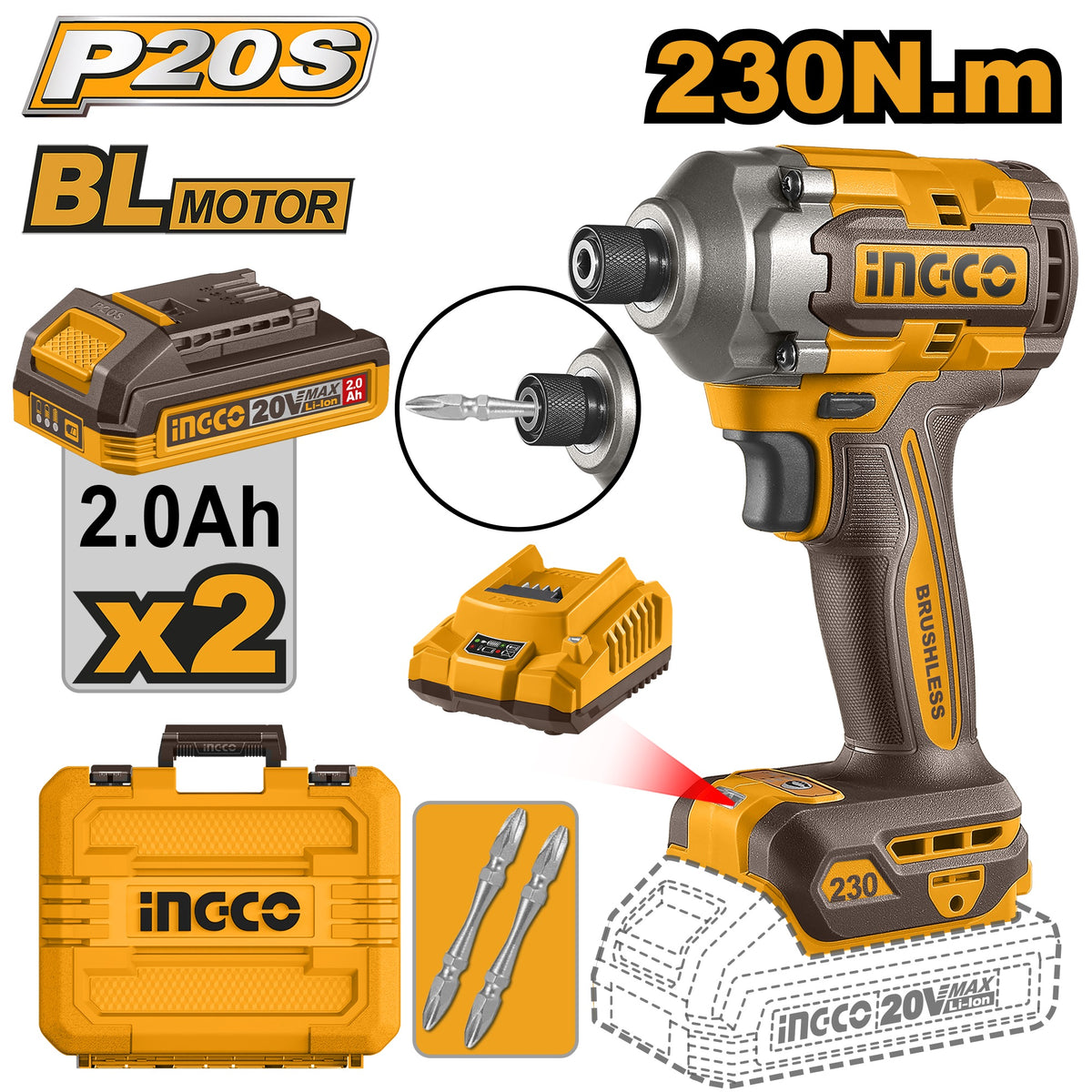 INGCO 20V BRUSHLESS IMPACT DRIVER 230NM W/2 X 20V 2.0AH & CHARGER CIRLI2023 Main image