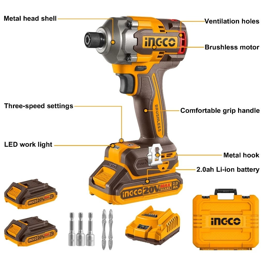 INGCO 20V BRUSHLESS IMPACT DRIVER 285NM W/2 X 20V 2.0AH & CHARGER CIRLI2028