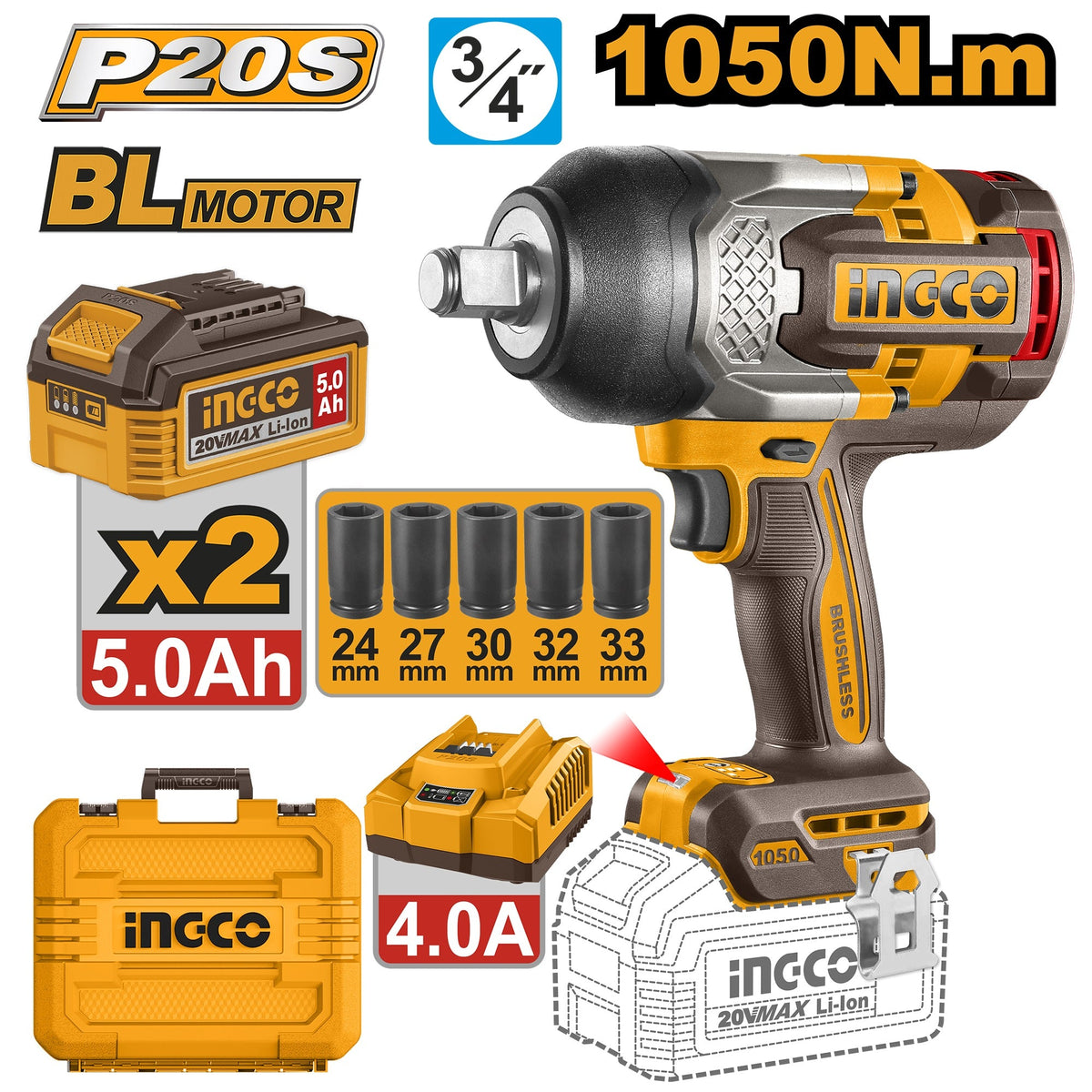 INGCO 20V BL 3/4" DR IMPACT WRENCH MAX 1050NM 2X5.0+CHRG+CASE CIWLI20105 Main image