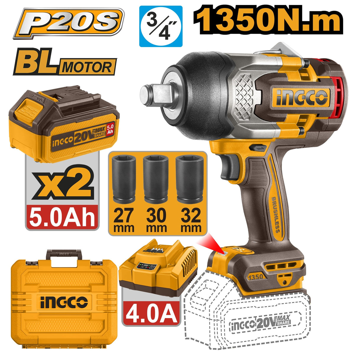 INGCO 20V BL 3/4" DR. IMPACT WRENCH MAX 1350NM 2X5.0+CHRG+CASE CIWLI20135 Main image