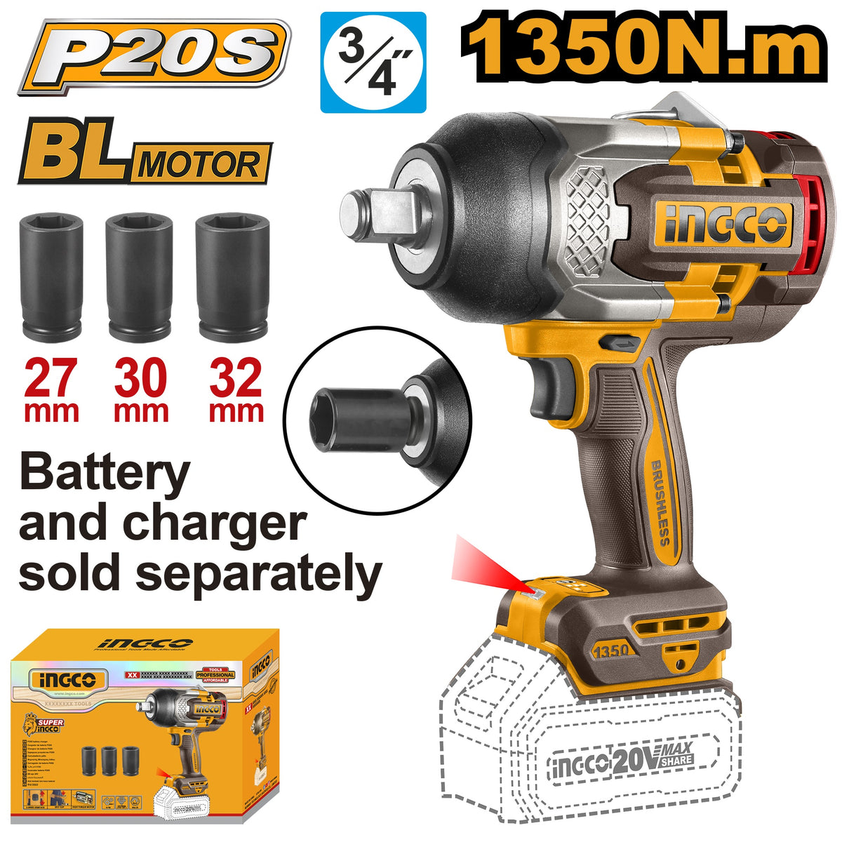 INGCO 20V BL 3/4" DR. IMPACT WRENCH MAX 1350NM CIWLI201351 (BARE UNIT)