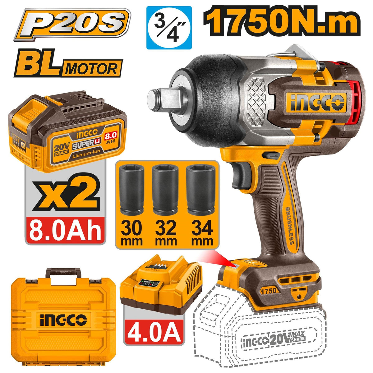 INGCO 20V BL 3/4" DR. IMPACT WRENCH MAX 1750NM 2X8.0AH+CHRG+CASE CIWLI20175 Main image
