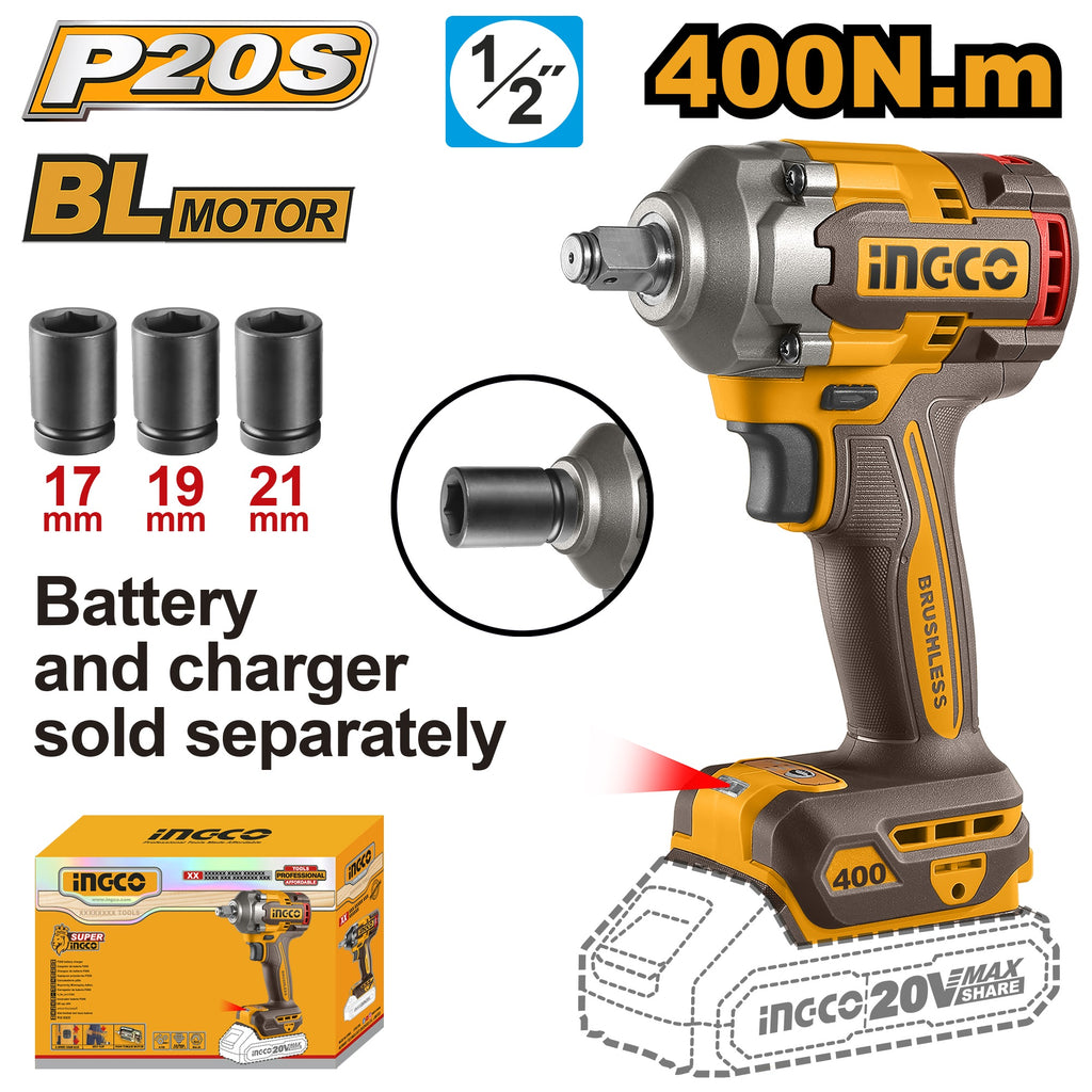 INGCO 20V LI-ION BRUSHLESS 1/2" IMPACT WRENCH, CIWLI20401 (BARE UNIT)