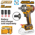INGCO 20V LI-ION BRUSHLESS 1/2" IMPACT WRENCH, CIWLI20401 (BARE UNIT)