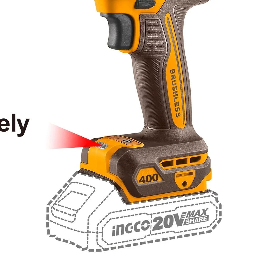 INGCO 20V LI-ION BRUSHLESS 1/2" IMPACT WRENCH, CIWLI20401 (BARE UNIT)