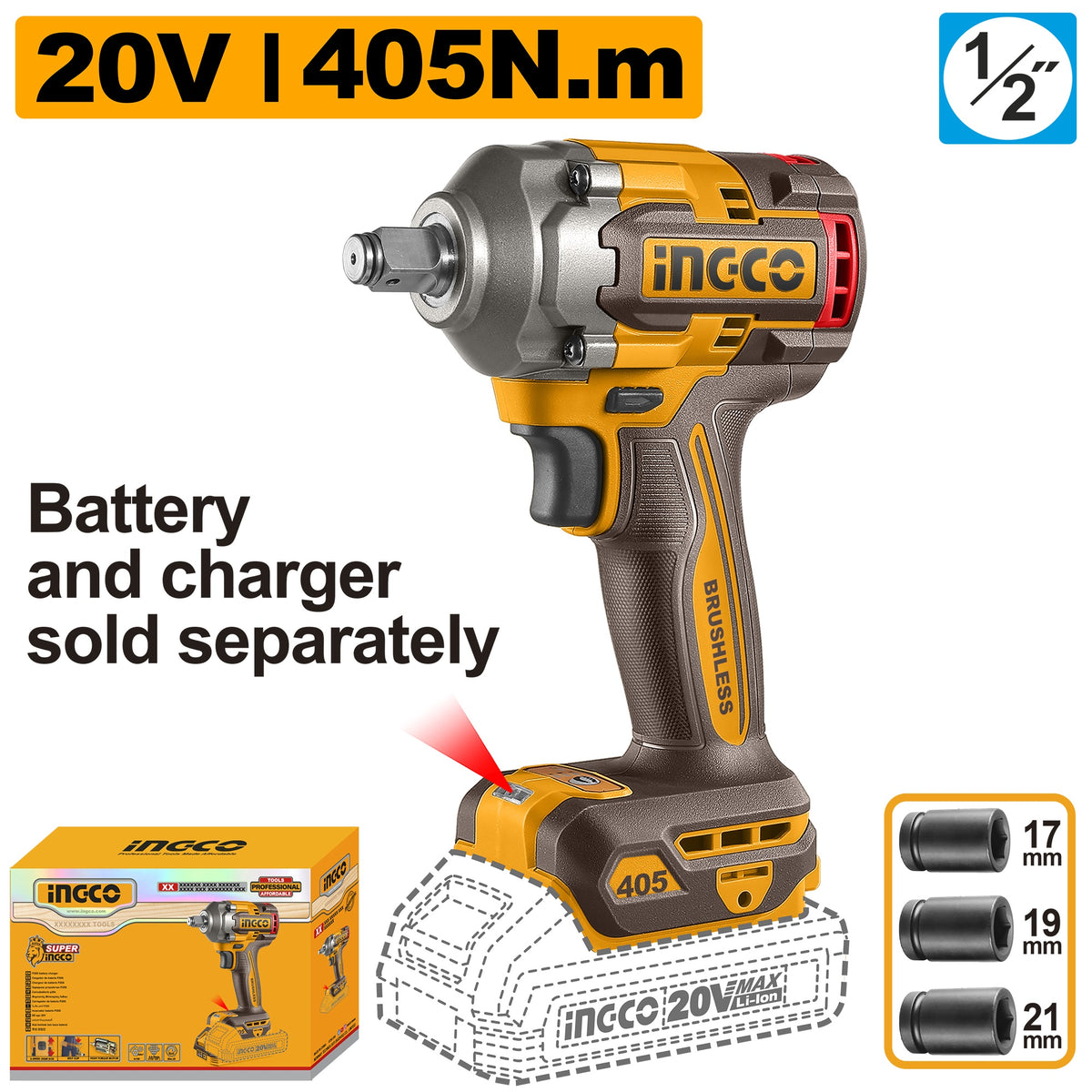 INGCO 20V BL 1/2" IMPACT WRENCH 405NM,CIWLI20451 (BARE UNIT) Main image