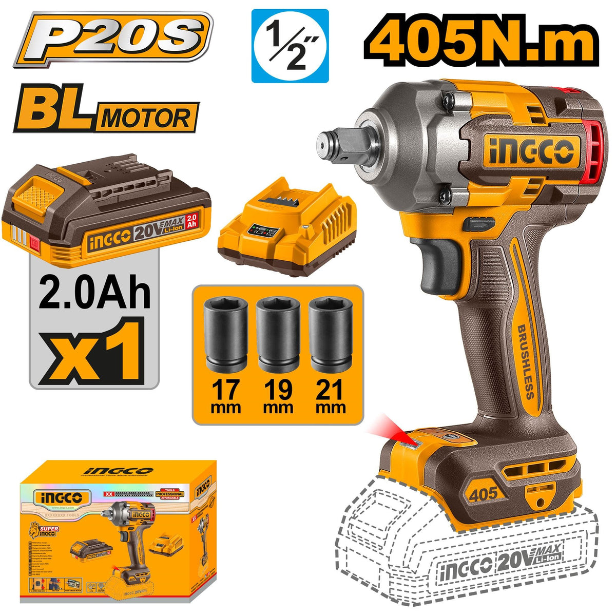 INGCO 20V BL 1/2" IMPACT WRENCH 405NM 1X2.0AH+CHARGER CIWLI20455 Main image