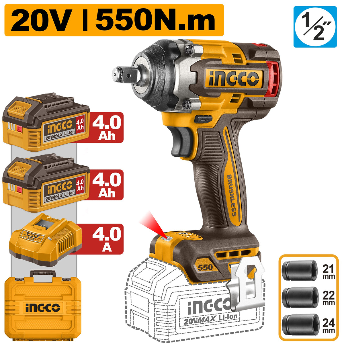 INGCO 20V BL 1/2" IMPACT WRENCH 550NM,2X 4.0AH, CHARGER & CASE CIWLI2055 Main image