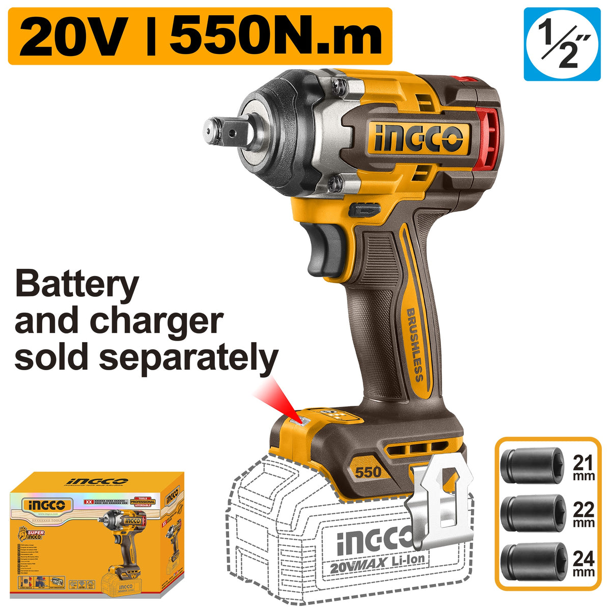 INGCO 20V BL 1/2" IMPACT WRENCH 550NM CIWLI20551 (BARE UNIT) Main image