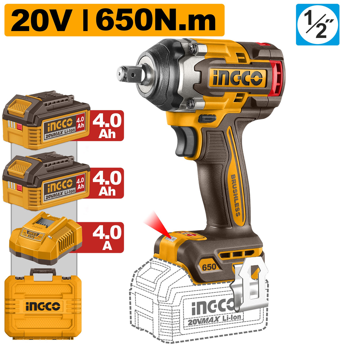 INGCO 20V BL 1/2" IMPACT WRENCH 650NM 2X4.0, 4A CHARGER+CASE CIWLI2065 Main image