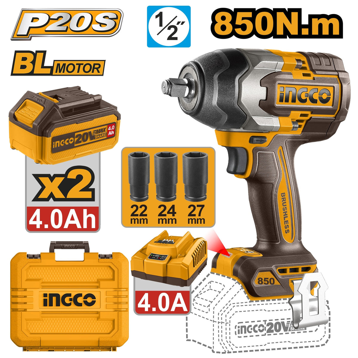 INGCO 20V 2X4.0AH LI-ION BRUSHLESS 1/2" IMPACT WRENCH 850NM CIWLI2085 Main image