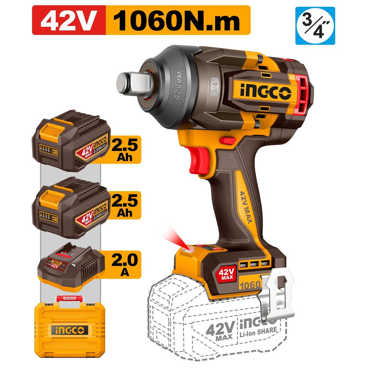 INGCO 42V BL 3/4" 1060NM IMPACT WRENCH 2X2.5AH+CASE CIWLI421062 Main image
