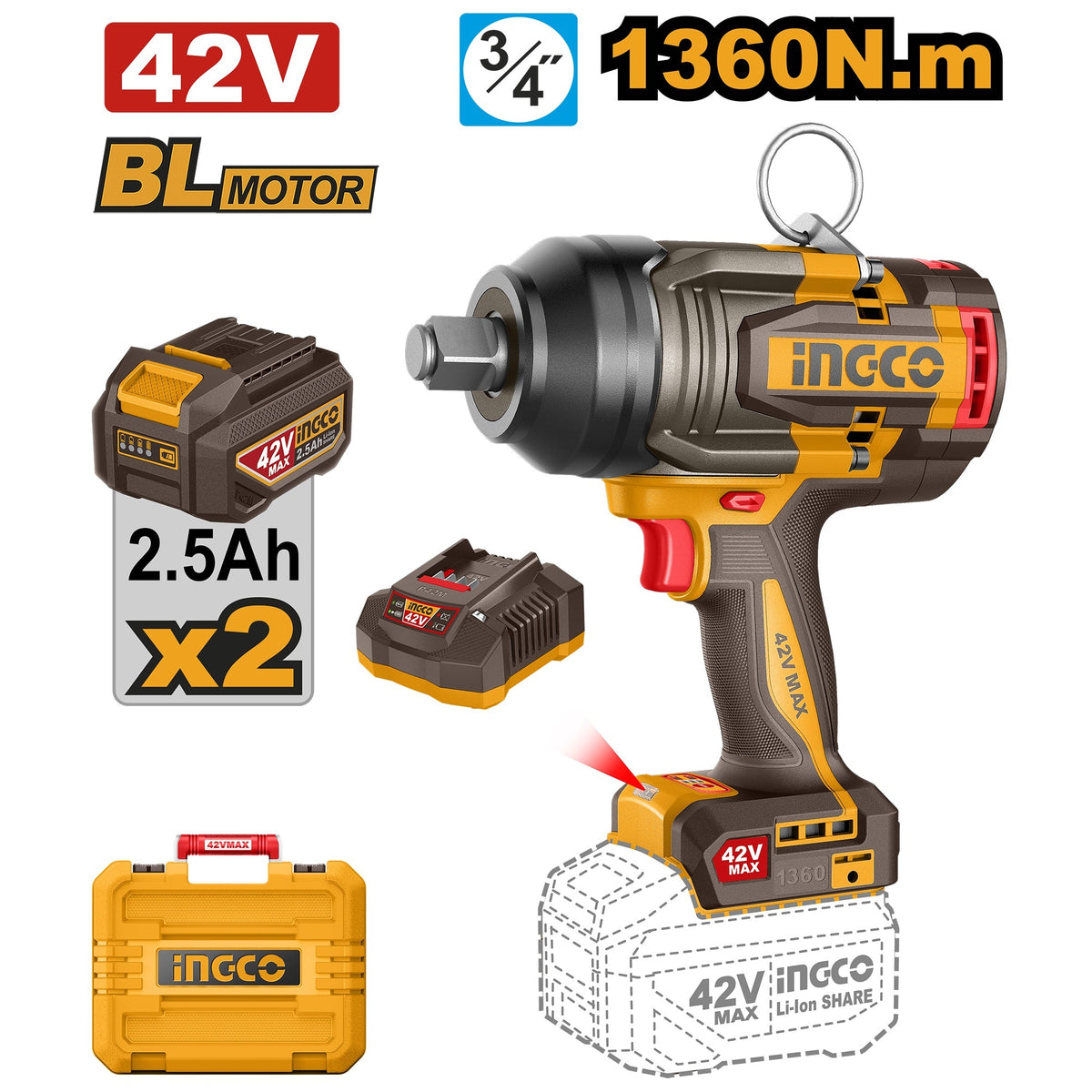 INGCO 42V BL 3/4" 1360NM IMPACT WRENCH 2X2.5AH+CASE CIWLI421362 Main image