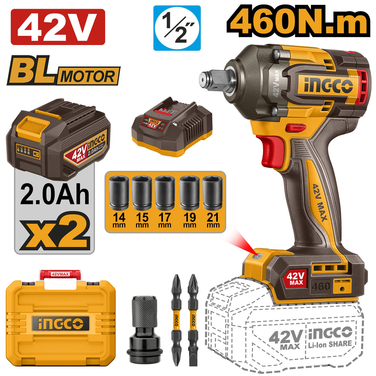 INGCO 42V BL IMPACT WRENCH 460NM 2X2.0AH & CASE CIWLI42462