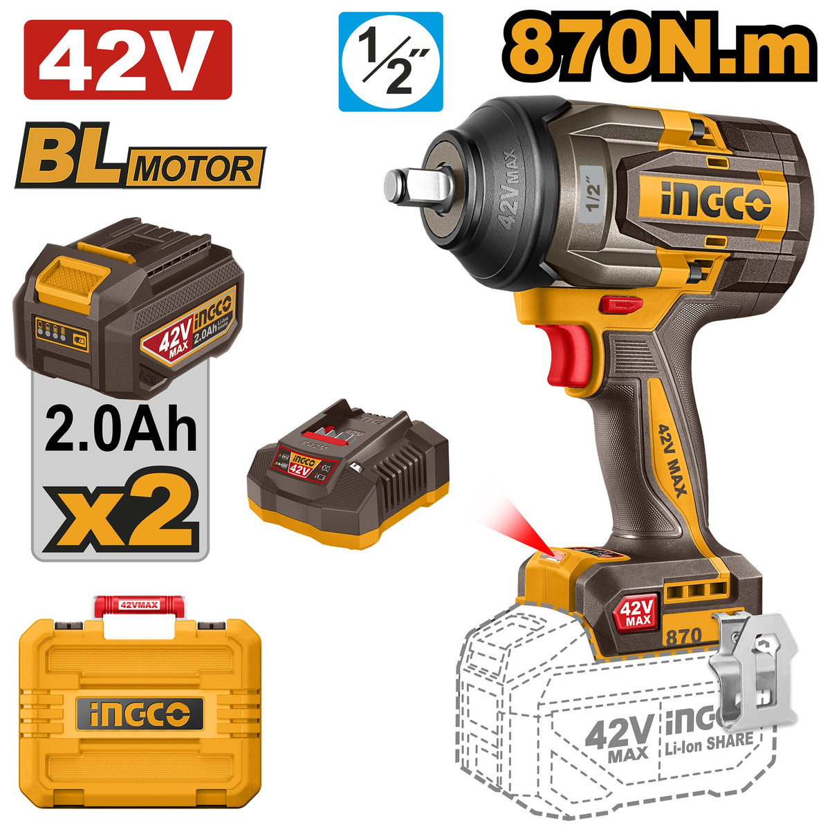 INGCO 42V BL 1/2" 870NM IMPACT WRENCH AI MODE 2X2.0AH & CASE CIWLI42862 Main image