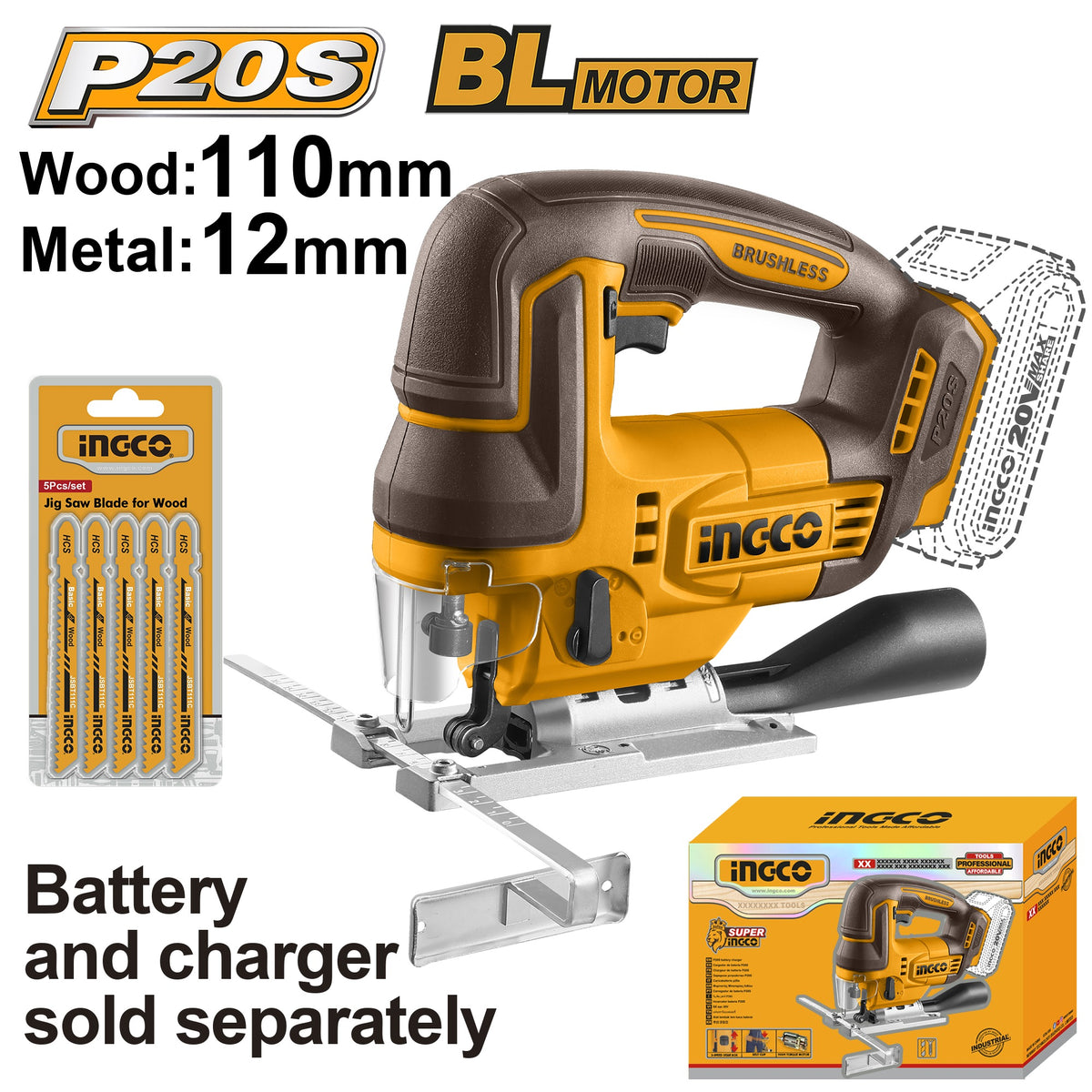 INGCO 20V LI-ION JIGSAW CUT WOOD 110MM, METAL12MM+5 BLADES CJSLI1008 (BARE UNIT) Main image