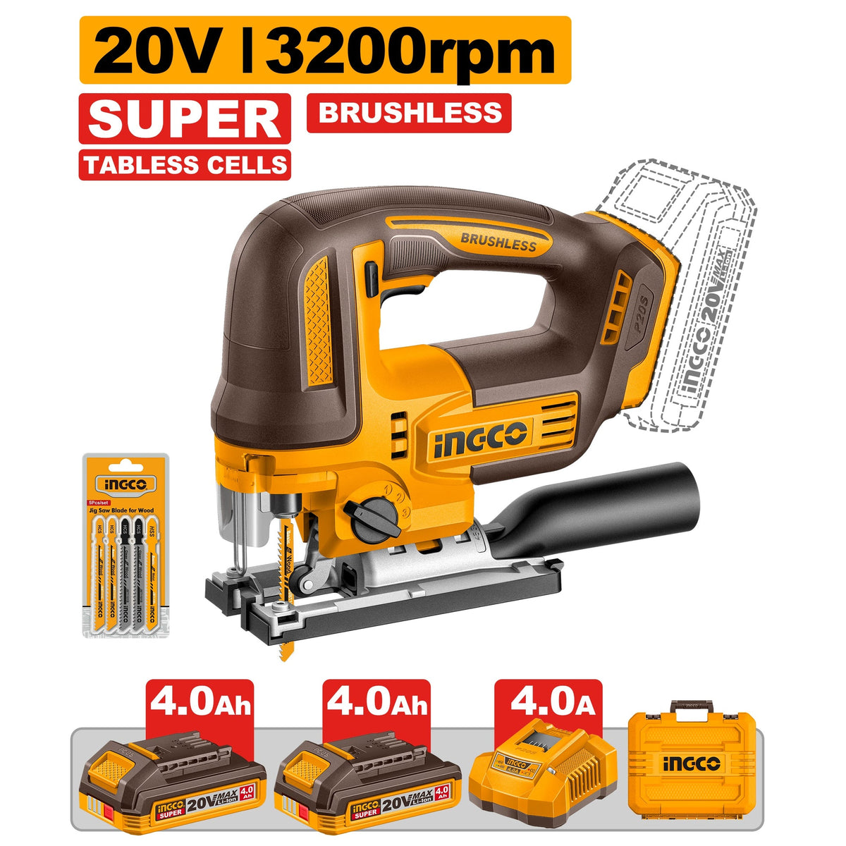 INGCO 20V HD JIG SAW CUT 125MM, 2X4.0 TABLESS BATT.+CHARGER+CASE CJSLI13562 Main image