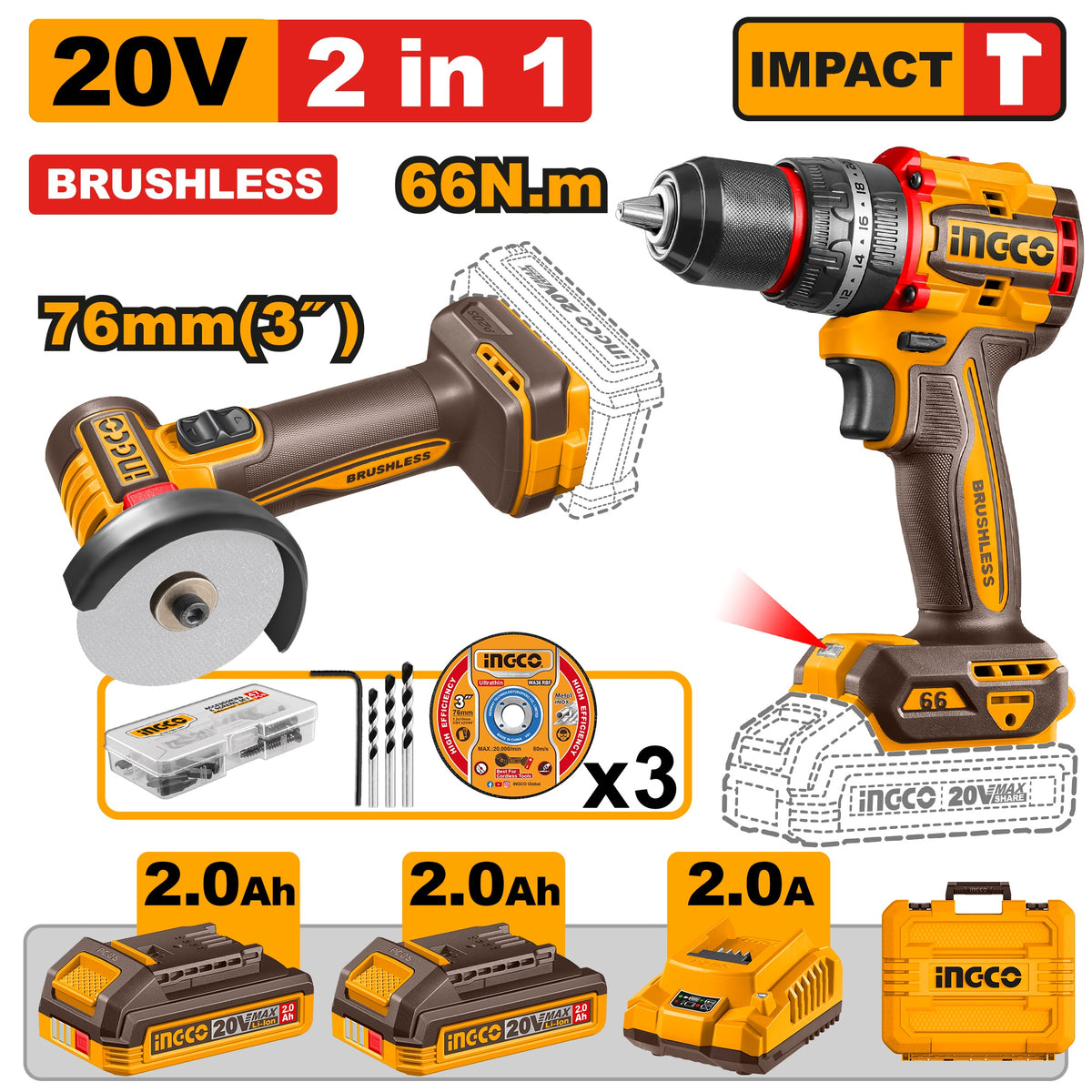 INGCO 20V 66NM IMPACT DRILL+76MM MINI CUT-OFF TOOL 2X2.0+CHARGER CKLI20255 Main image