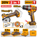 INGCO 20V 66NM IMPACT DRILL+76MM MINI CUT-OFF TOOL 2X2.0+CHARGER CKLI20255