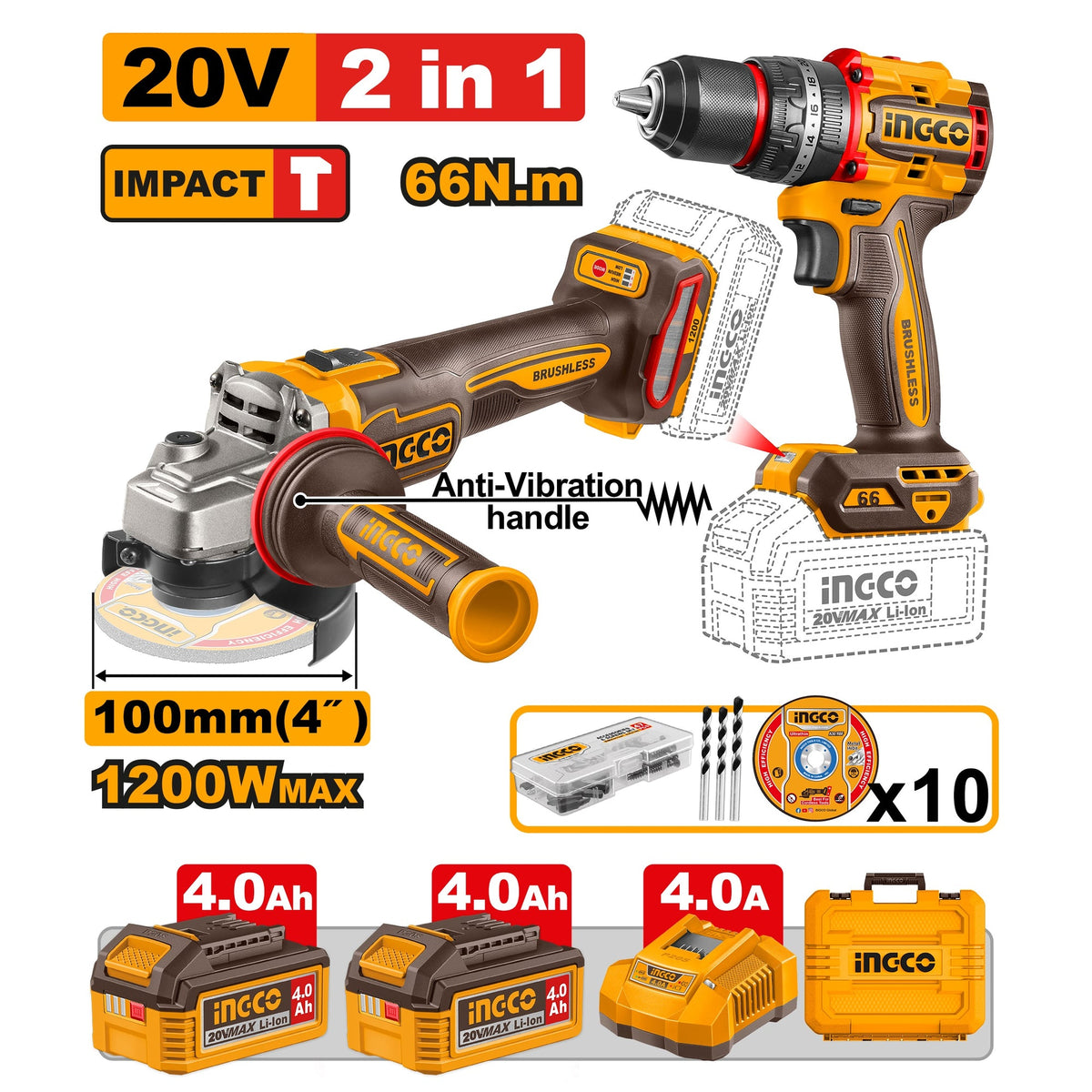 INGCO 20V 1200W 4"GRINDER+66NM IMPACT DRILL COMBO 2X4.0AH+CASE CKLI2025610 Main image