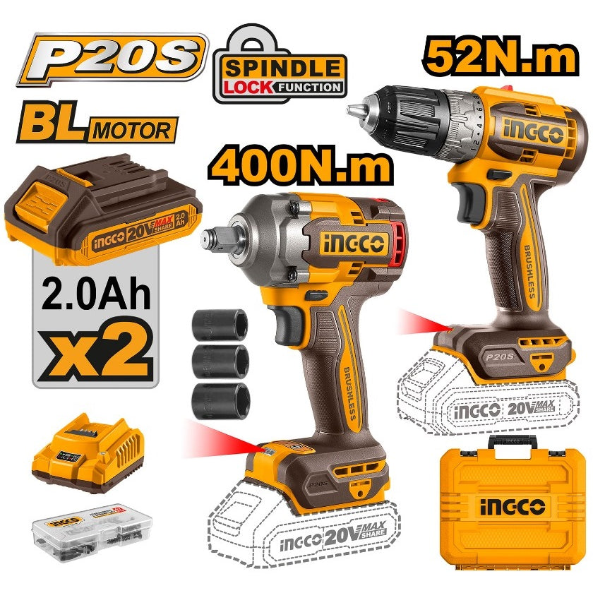 INGCO 20V IMPACT WRENCH 400NM+DRILL DRIVER COMBO 2X2.0AH+CHARGER CKLI20271 Main image